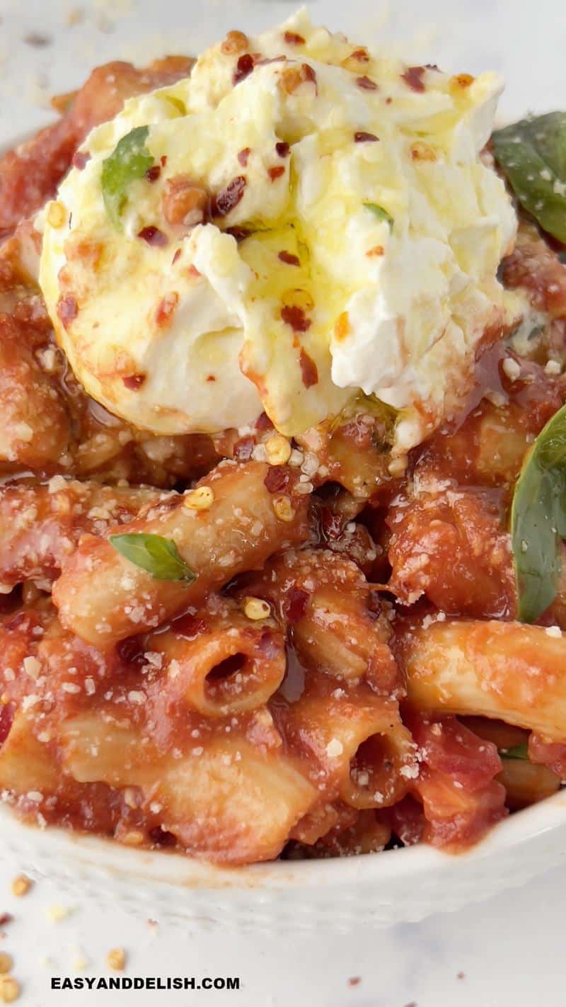 super close up of a bowl of pasta pomodoro