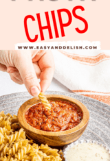 clsoe up of pasta chips dipped in salsa