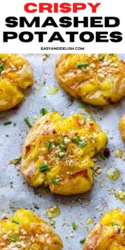 several crispy smashed potatoes in a baking sheet