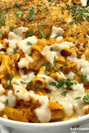 close up of Olive Garden Five Cheese Ziti al Forno in a baking dish