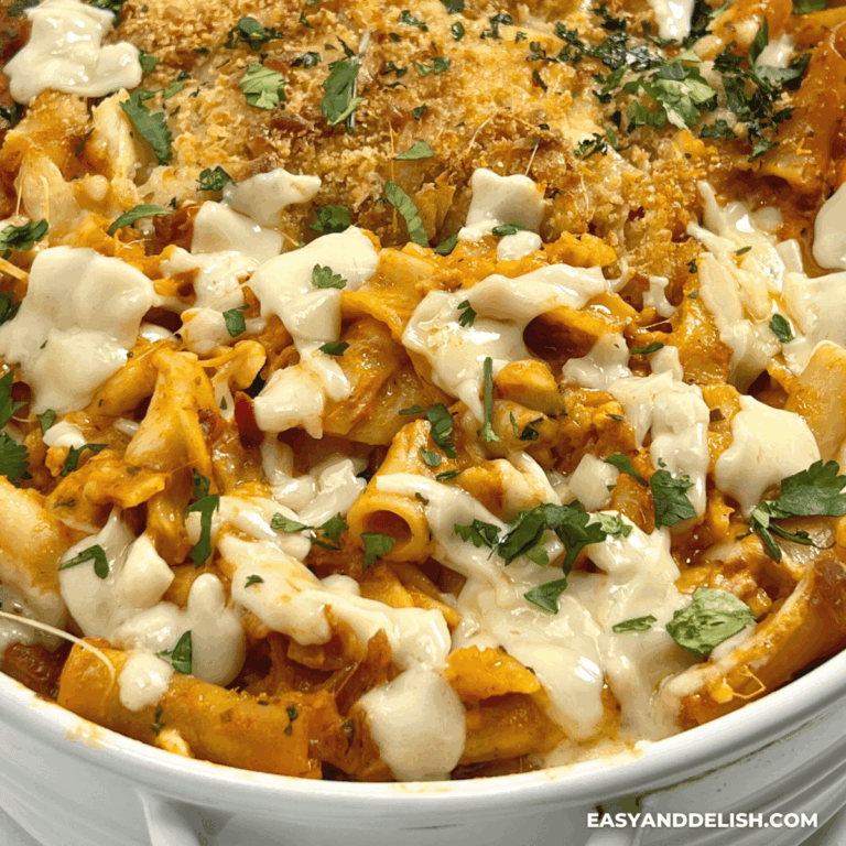 close up of Olive Garden Five Cheese Ziti al Forno in a baking dish
