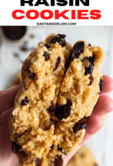 close up of easy oatmeal raisin cookies ona rack with close up of one of them