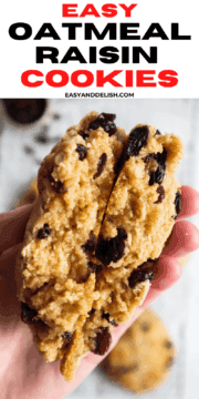 close up of easy oatmeal raisin cookies ona rack with close up of one of them