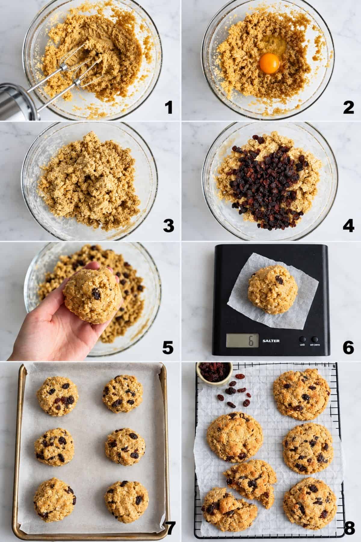 Preparing oatmeal raisin cookies from mixing the dough to baking.