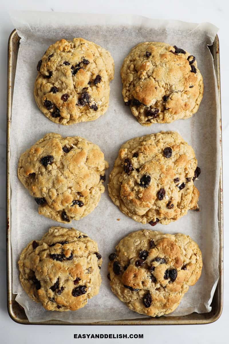 oatmeal raisin cookies in a cookie sheet
