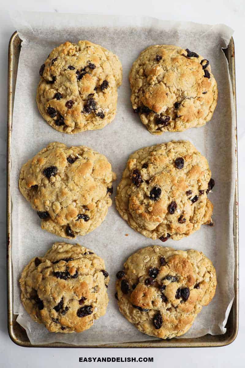 oatmeal raisin cookies in a cookie sheet