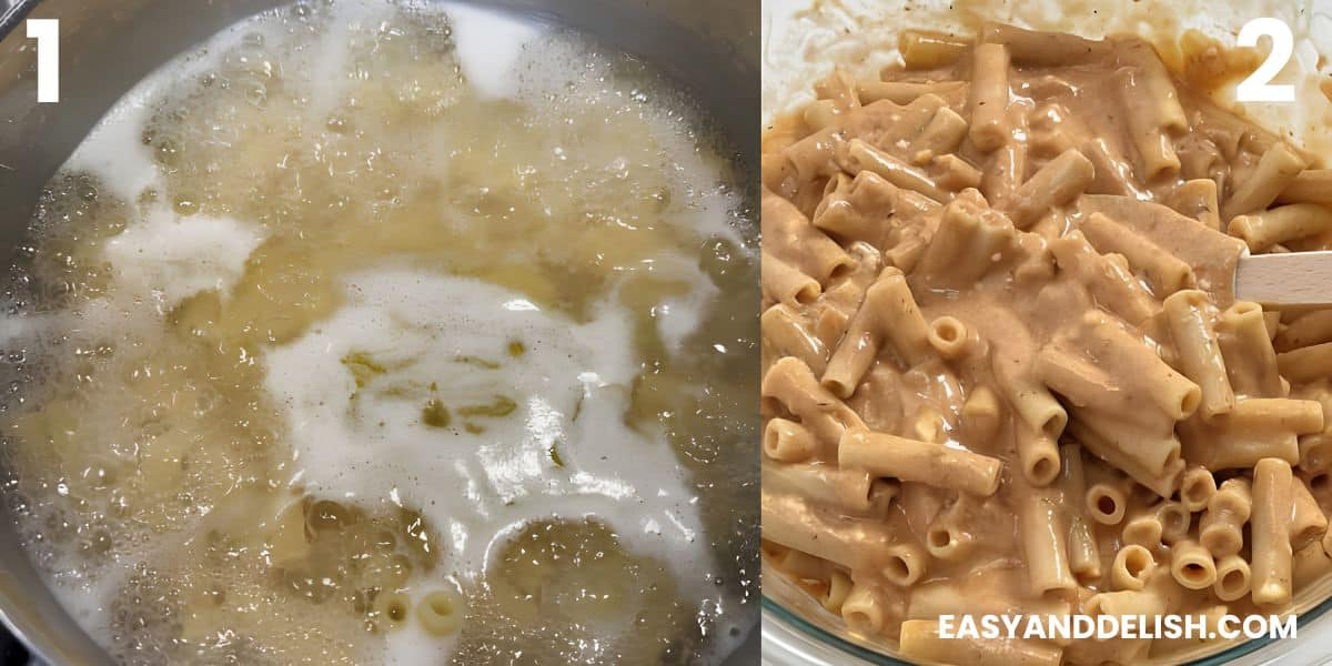 Ziti boiling in a pot and cooked pasta mixed with creamy tomato sauce and cheese in a bowl.
