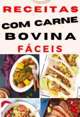 algumas receitas com carne bovina compiladas em uma imagem