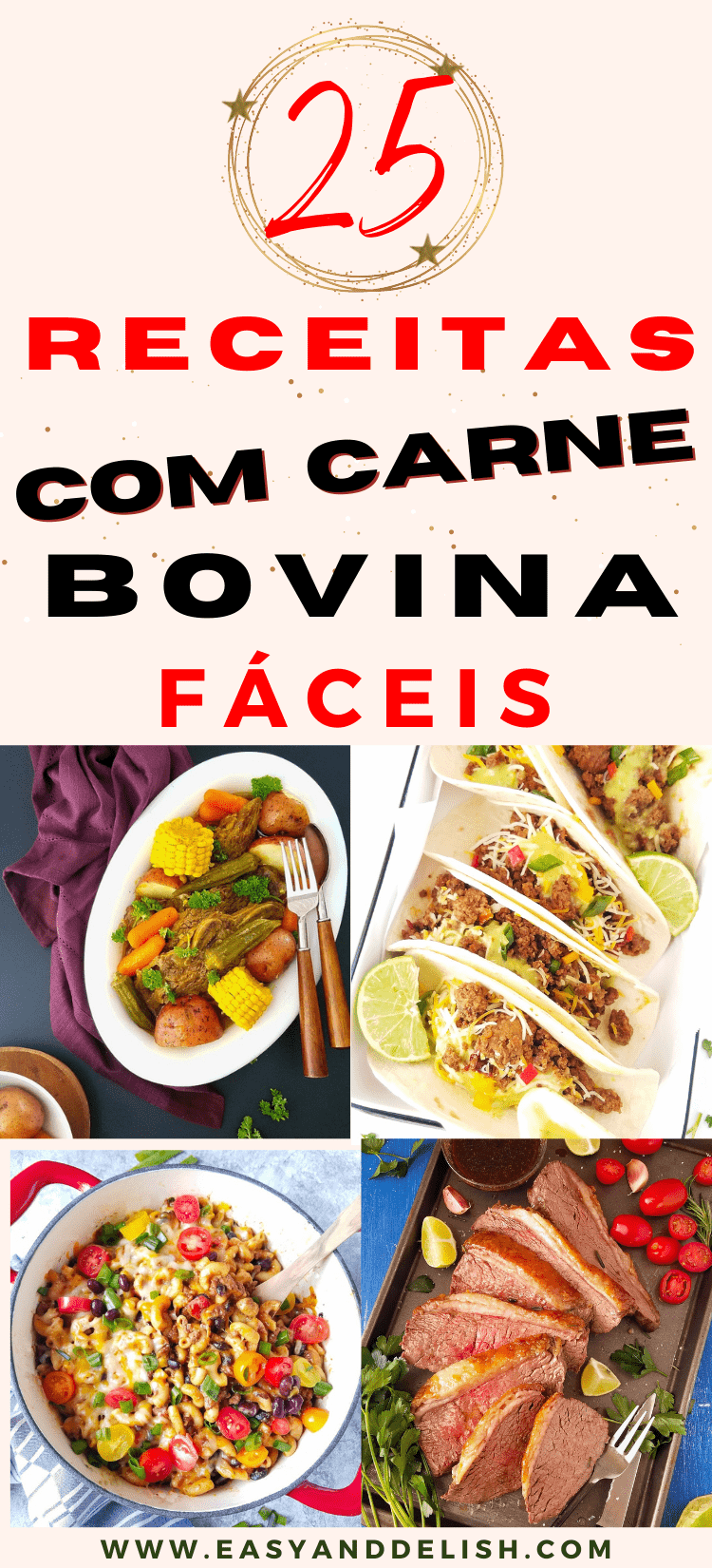 algumas receitas com carne bovina compiladas em uma imagem