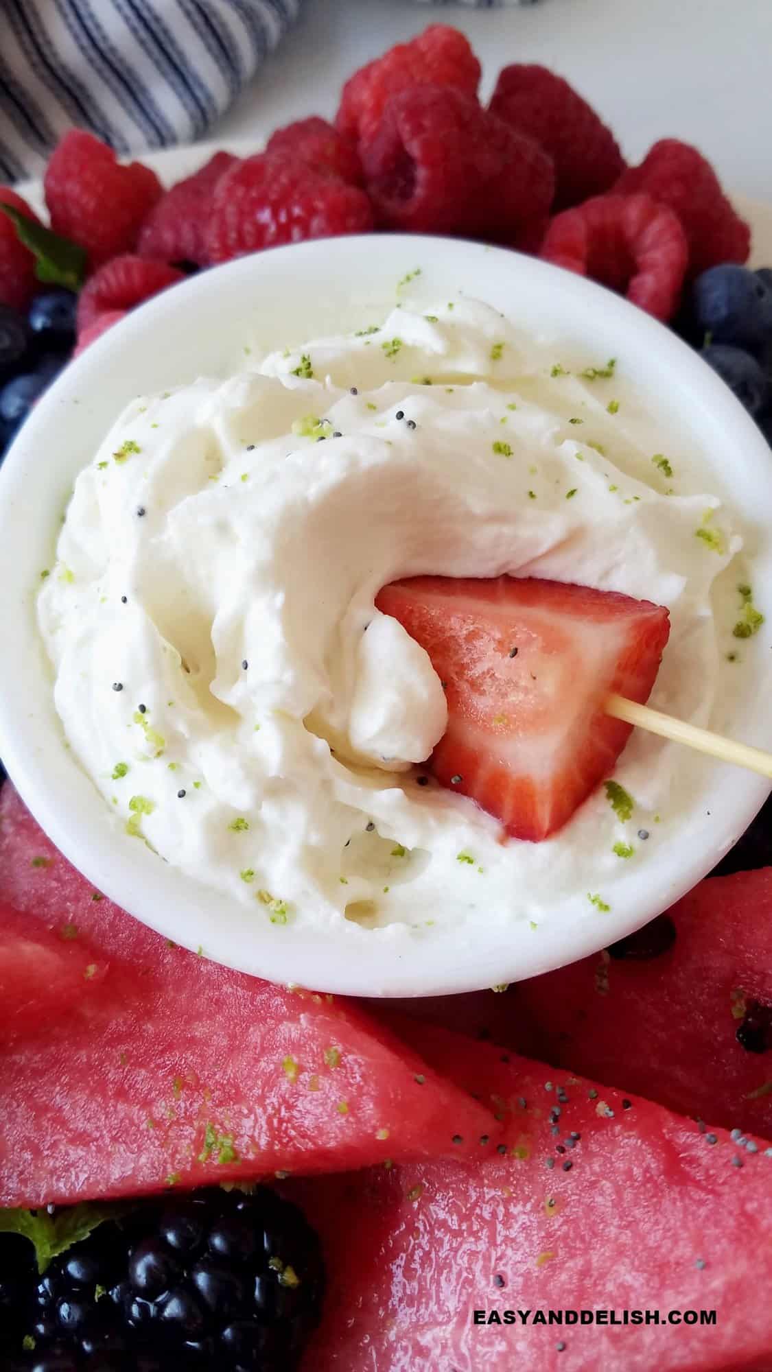 close up of a bowl of sweet fluffy spread for dipping