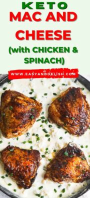 close up pin for keto cauliflower mac and cheese with chicken