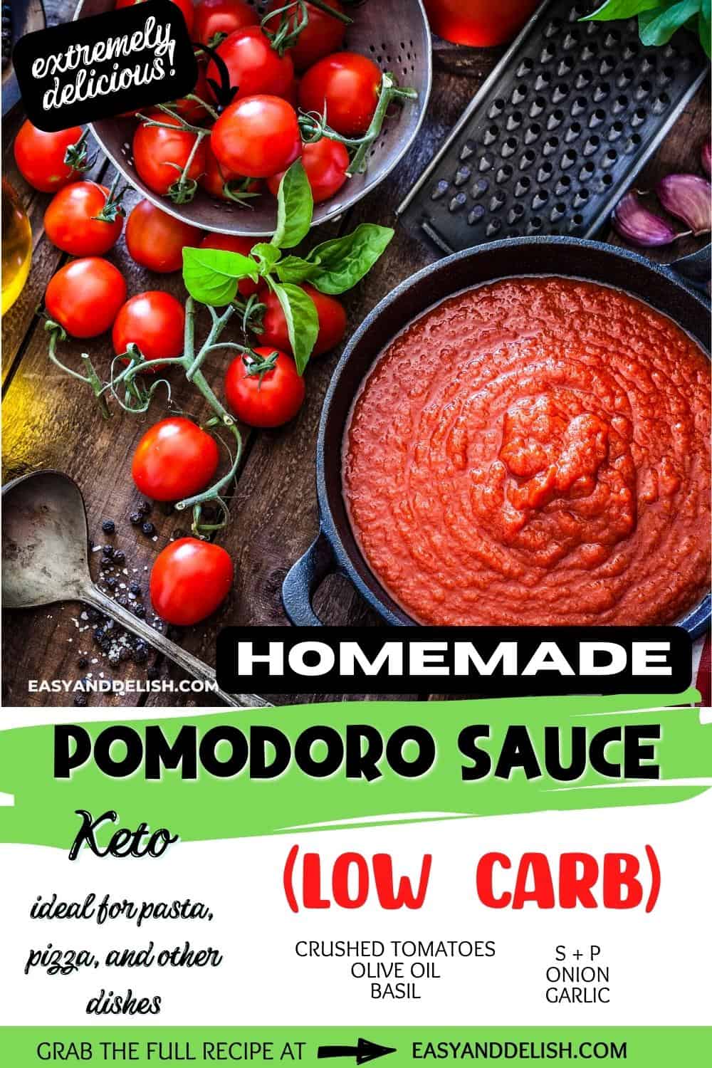 homemade pomodoro sauce in a bowl with ingredients on the side