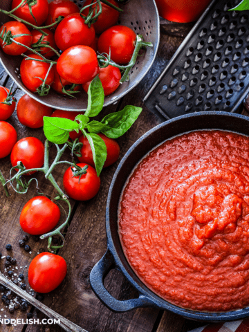 bowl of pomodoro sauce with tomatoes and basil around