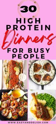 image collage showing four out of 30 dinner ideas , both plant-based and meat-based.