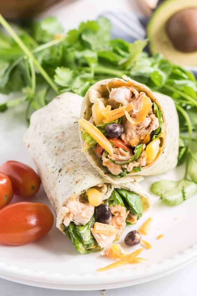 bbq chicken salad wraps cut in half