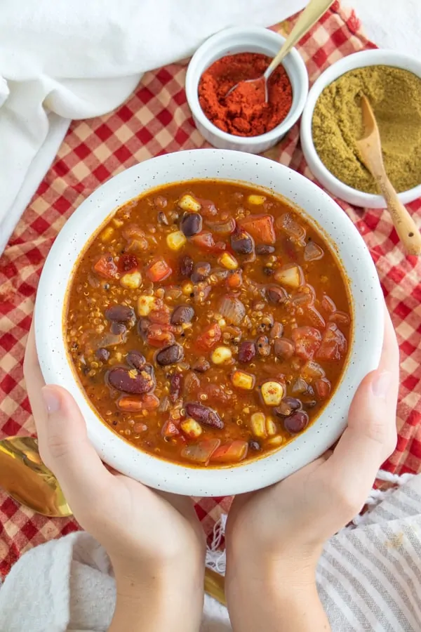a bowl of vegan chili as one fo our high protein lunch meal prep ideas