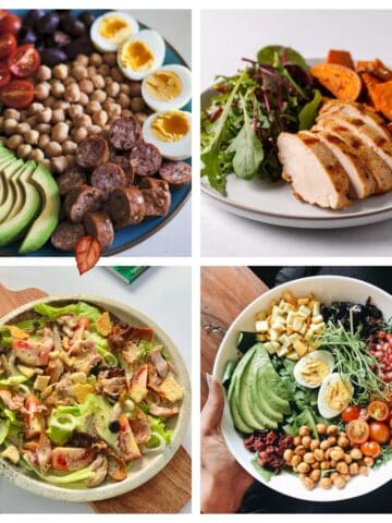 High-protein meal prep lunches with chicken, eggs, avocado, chickpeas, and vegetables.