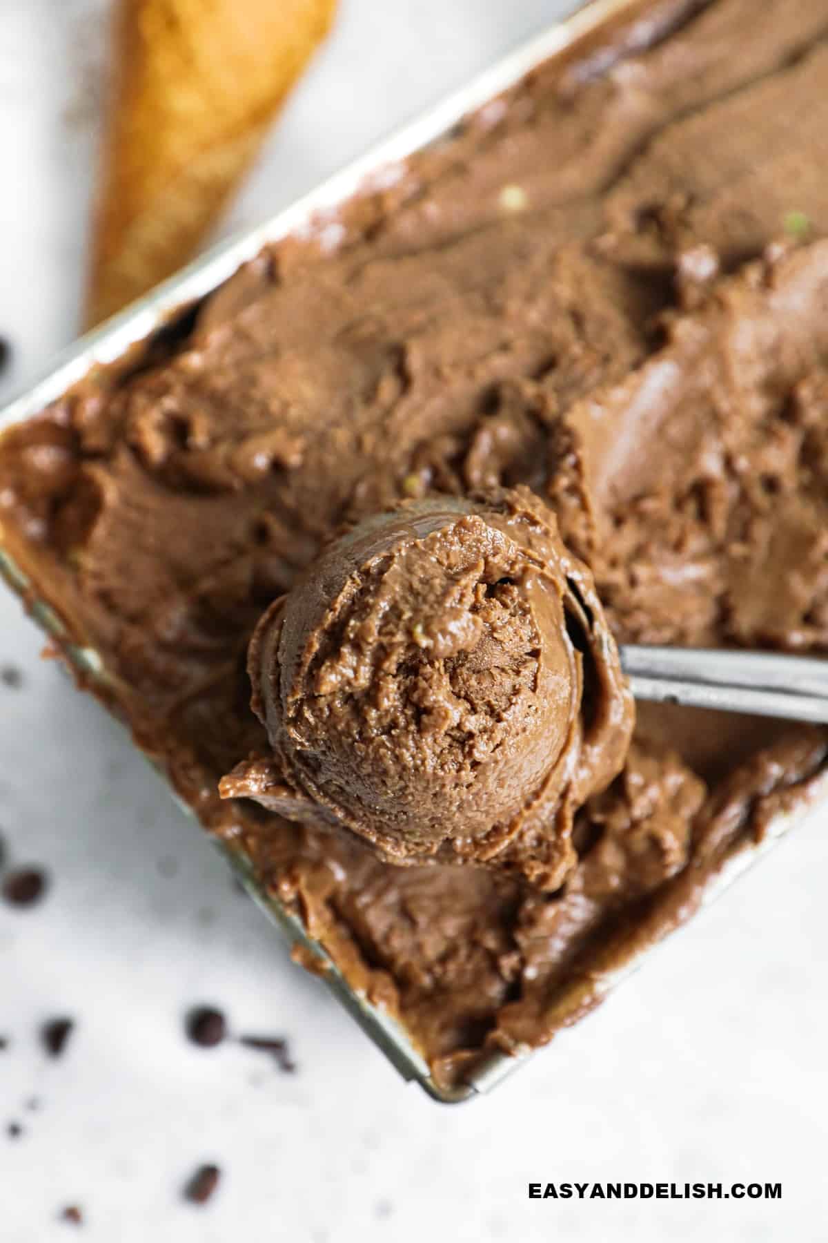 a scoop of the healthy frozen dessert in a pan