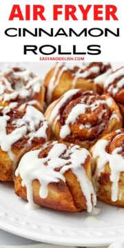 close up air fryer cinnamon rolls with cream cheese frosting