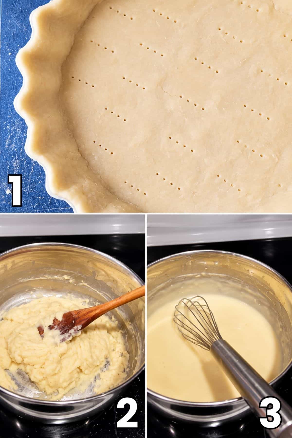 Raw pie dough pressed into a fluted dish above two stages of preparing a butter-and-flour roux in a saucepan.