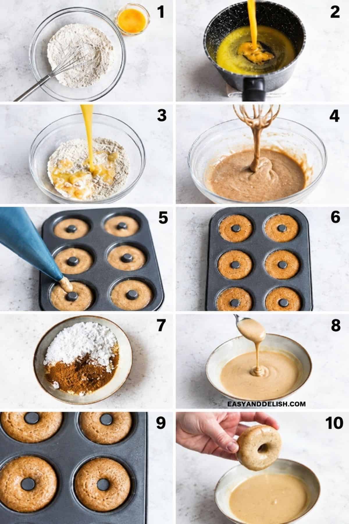 Steps for making baked apple cider donuts, from mixing the batter to glazing the baked donuts.