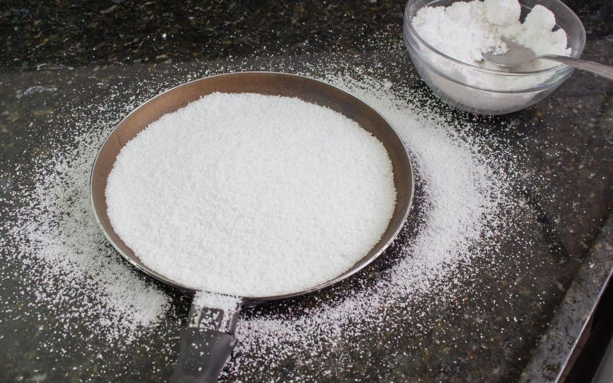 tapioca flour or starch in a skillet