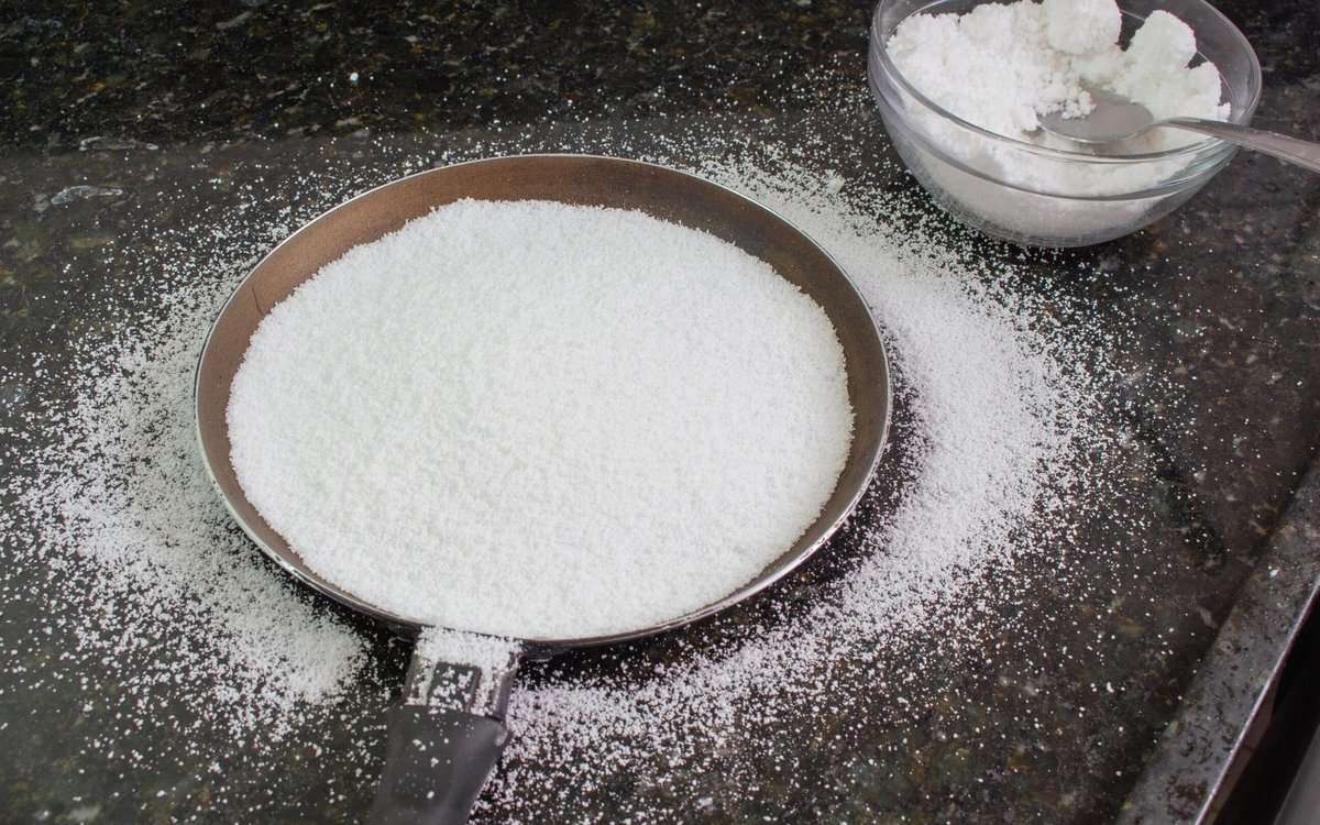 tapioca flour or starch in a skillet