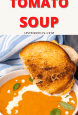 Instant Pot Tomato Soup ina bowl with grilled cheese sandwich dipped in it.