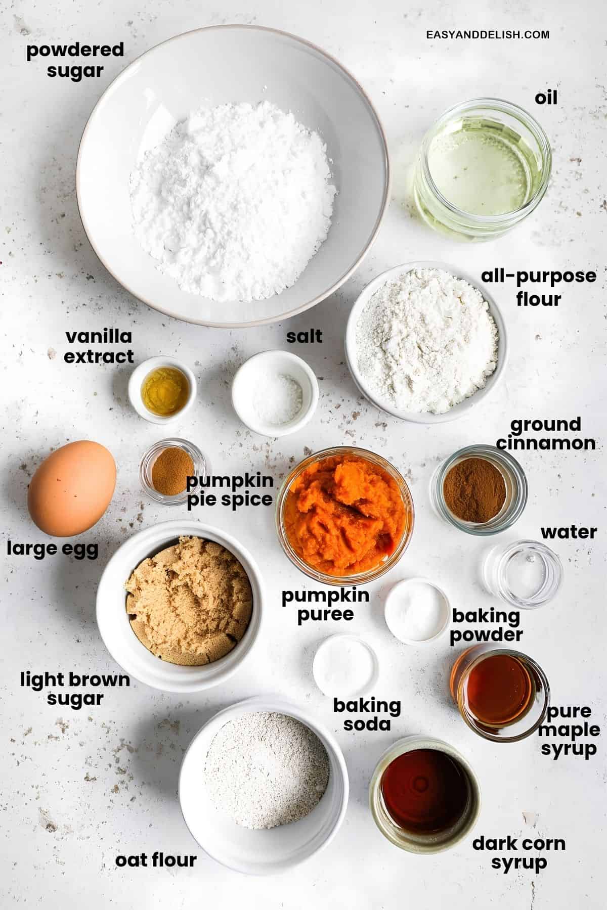 Measured ingredients for baked donut batter and maple glaze.