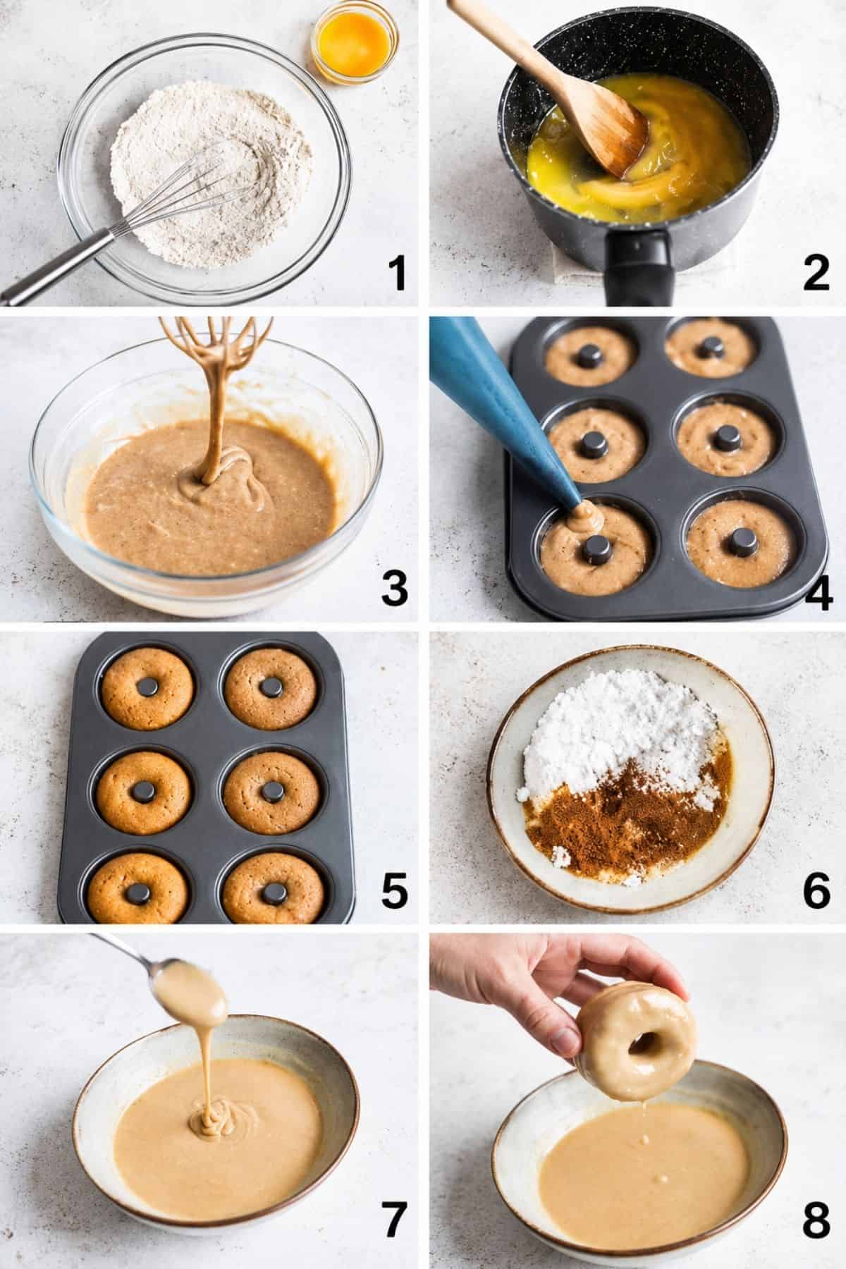 Pumpkin donuts prepared from dry ingredients through baking and maple glazing.