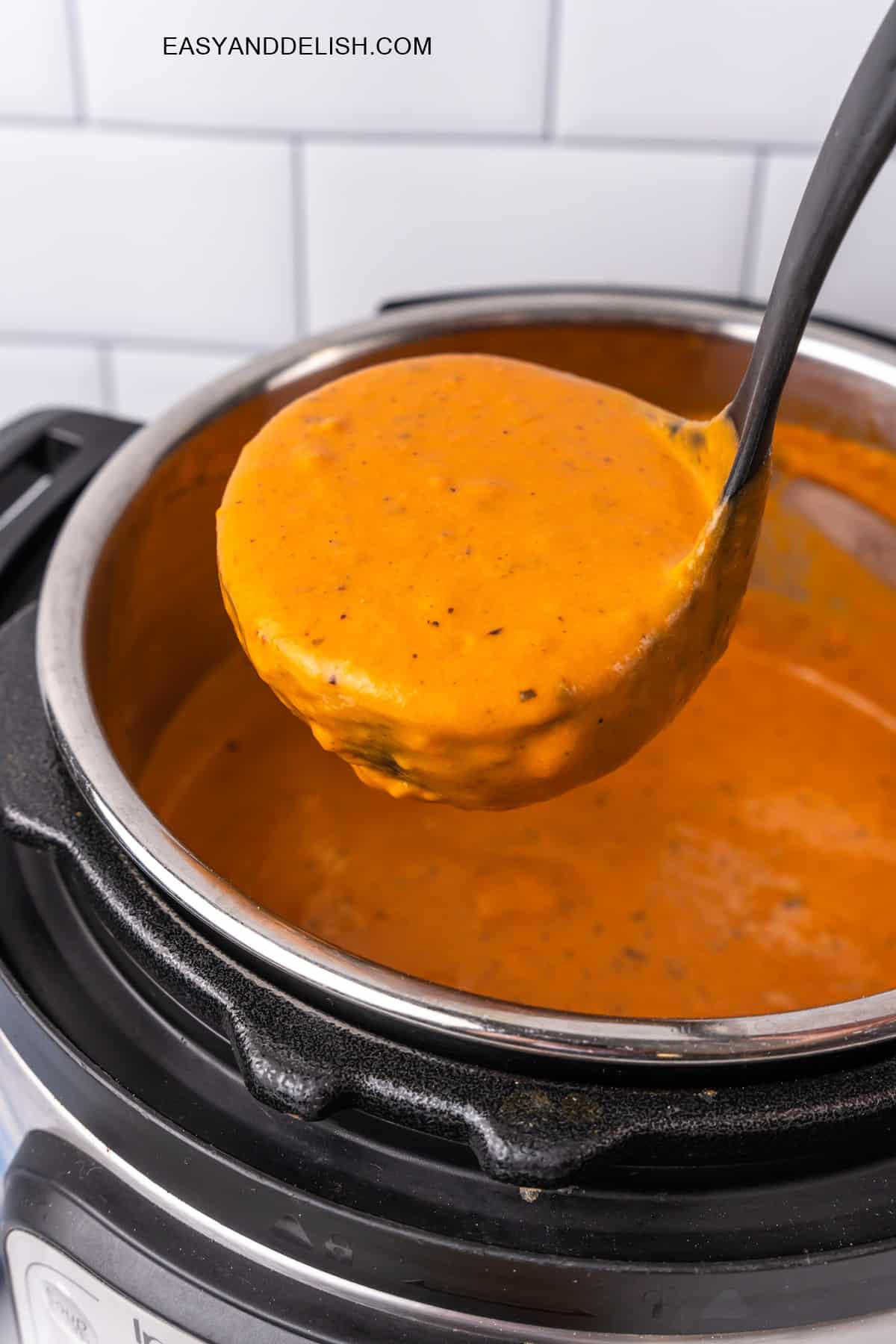 uma concha com a sopa de tomate cremosa levantada sobre a panela de pressão