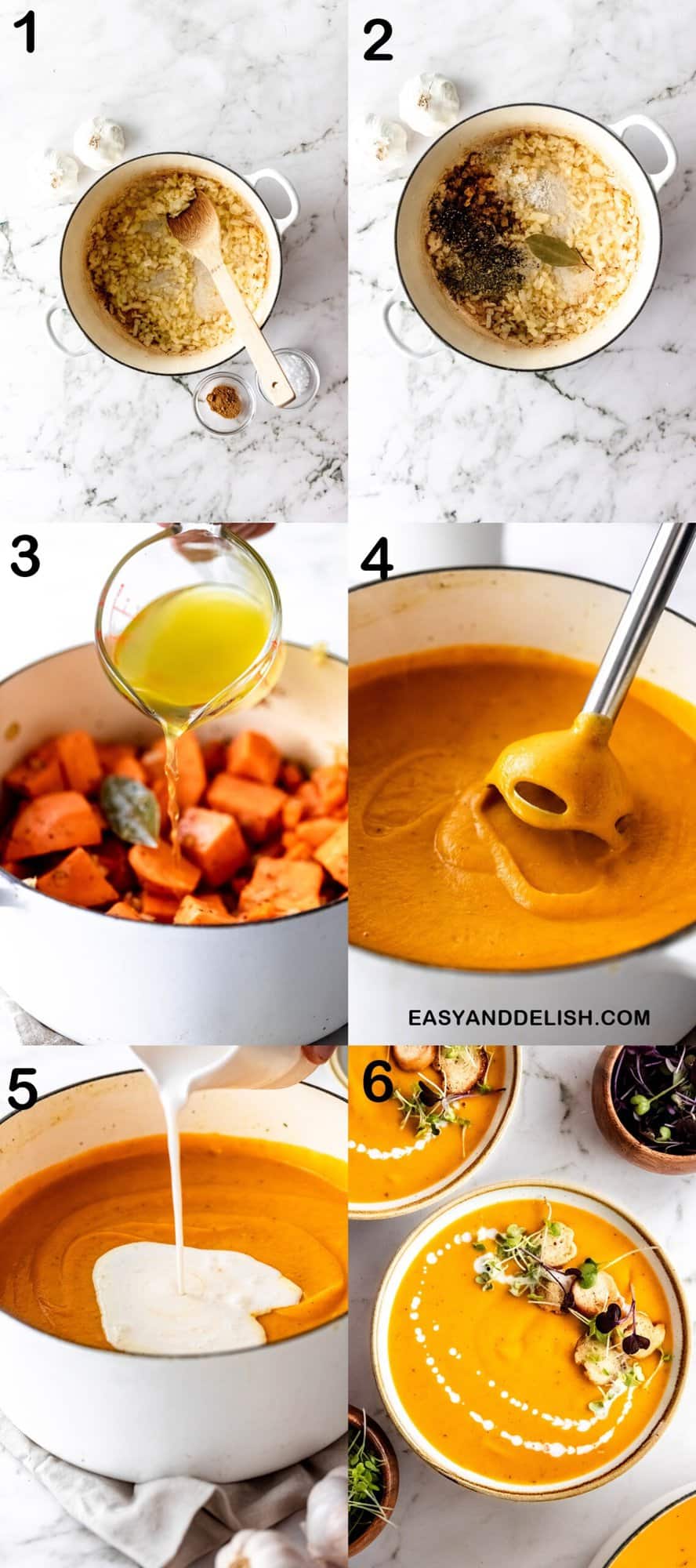 image collage showing step by step how to make the sweet potato soup