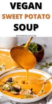pin showing close up of a bowl of carrot sweet poatato soup with a ladle held on top