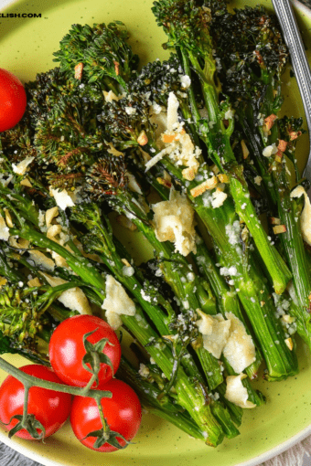 a close up of air fryer broccolini in a plate