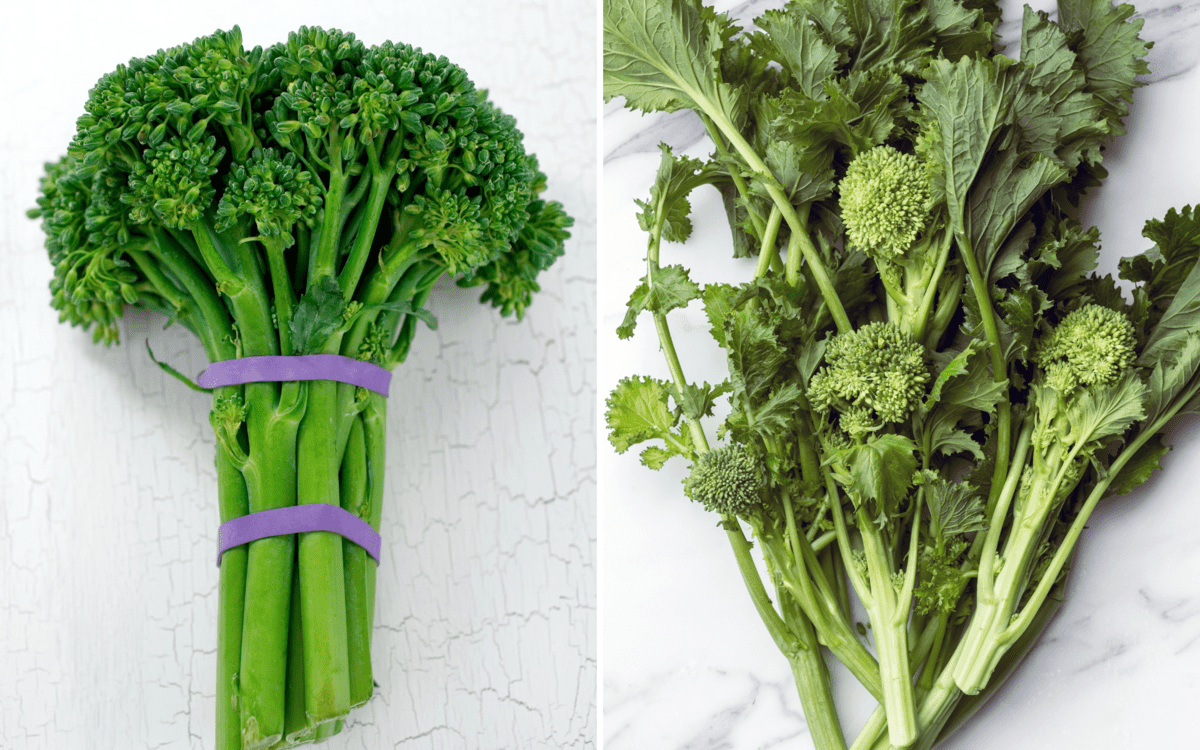 image collage of broccolini and broccoli rabe