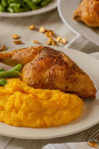 purê de abóbora em um prato com frango e legumes