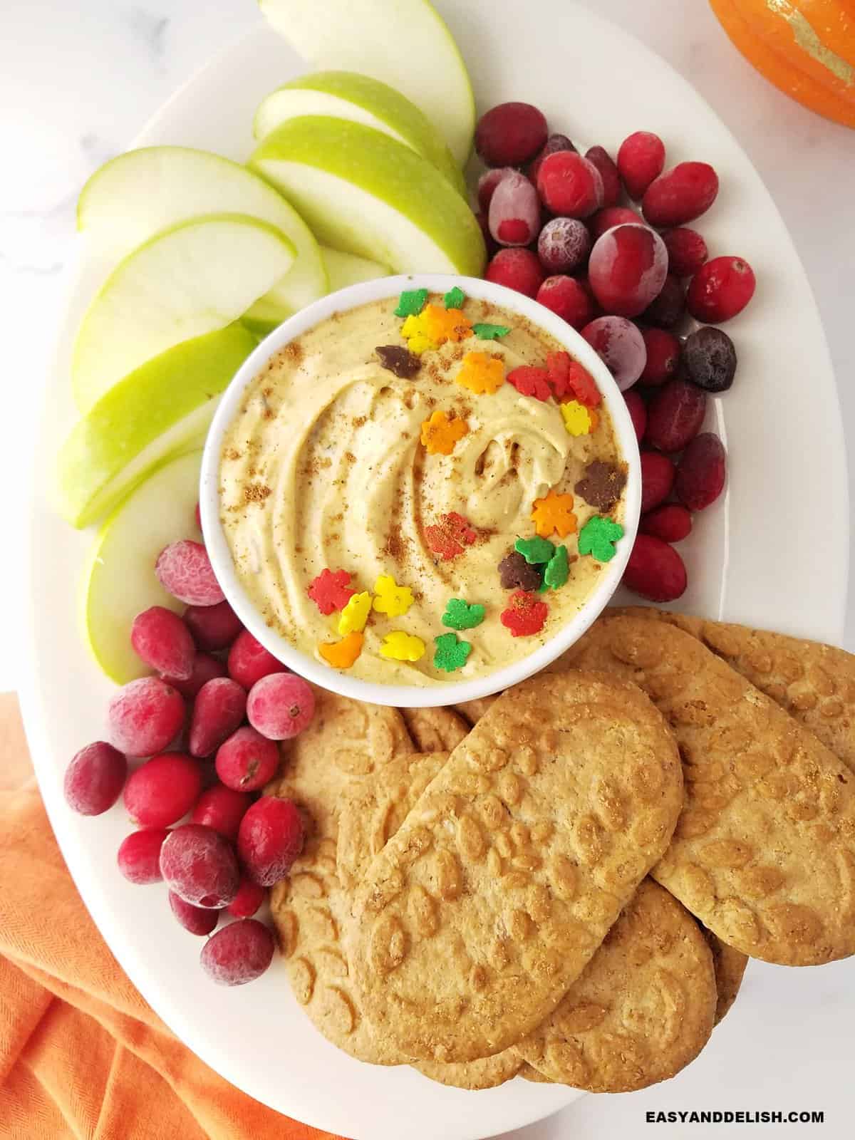 Autumn pumpkin dip with dippers around