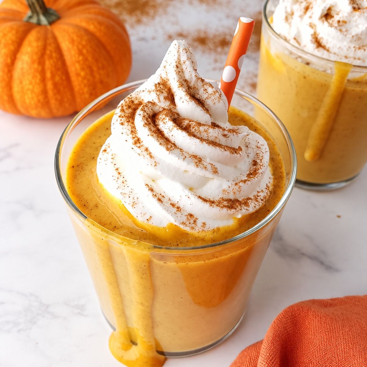 Two creamy pumpkin shakes topped with whipped cream and a sprinkle of spice.