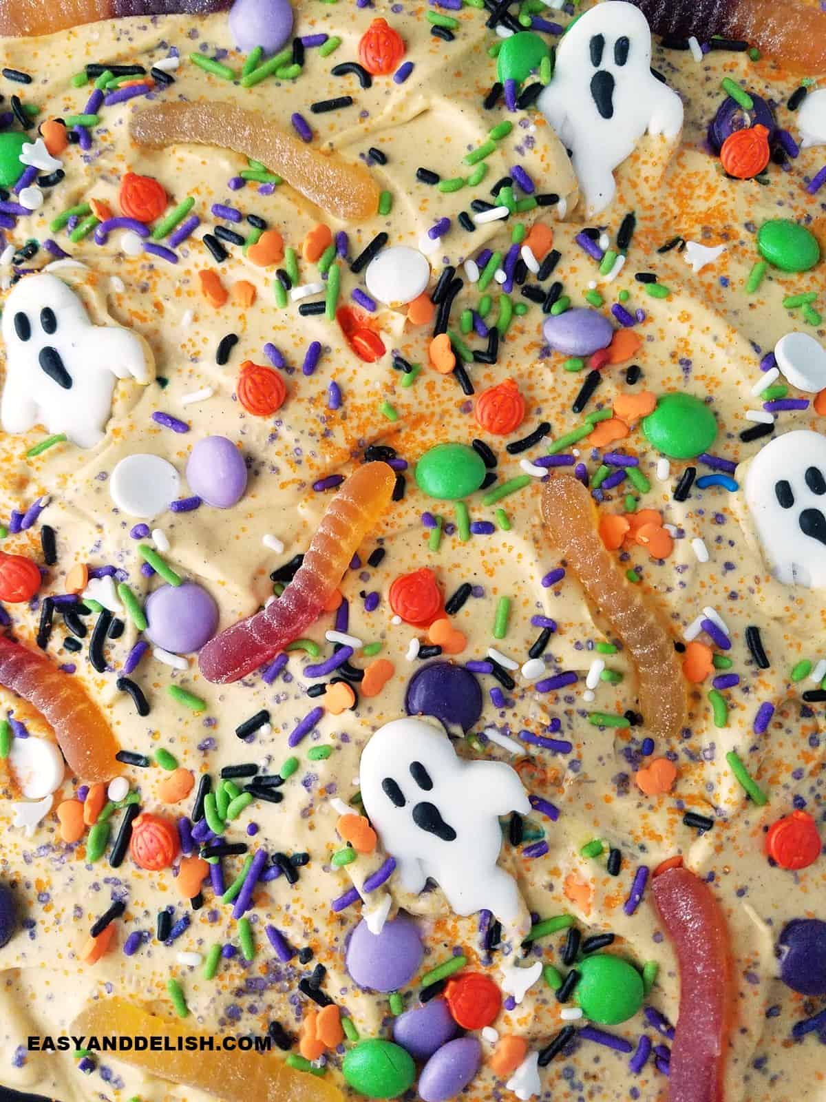 close up of a creamy spread decorated for Haloween