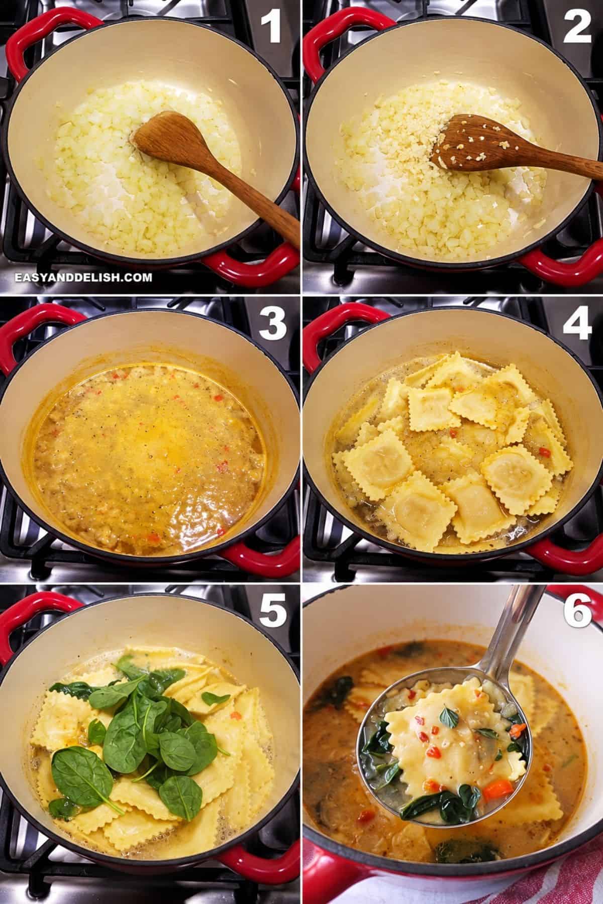 Onion, garlic, broth, ravioli, and spinach shown during the cooking process.