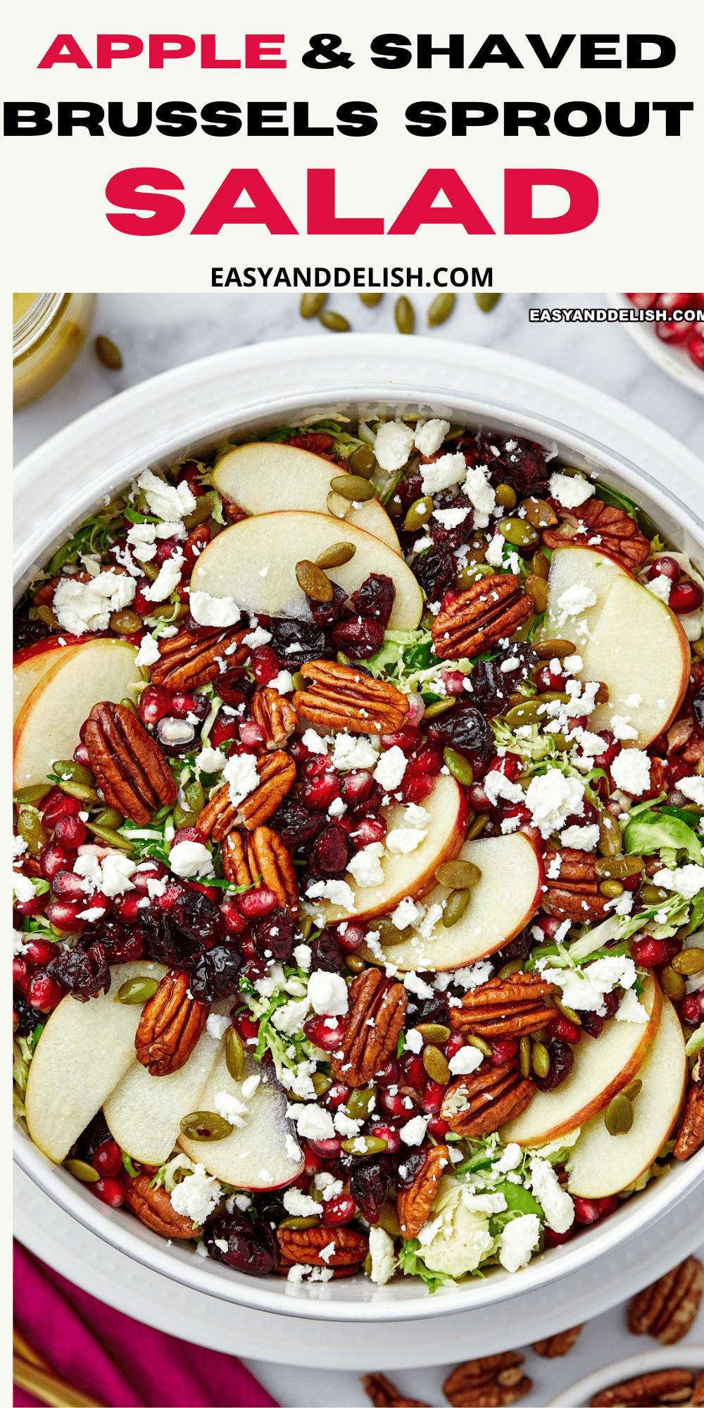 close up of a bowl of apple and shaved brussels sprout salad.