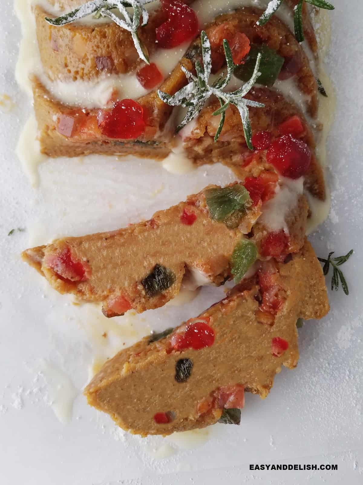 close up of two slices of a holiday dessert over parchment paper