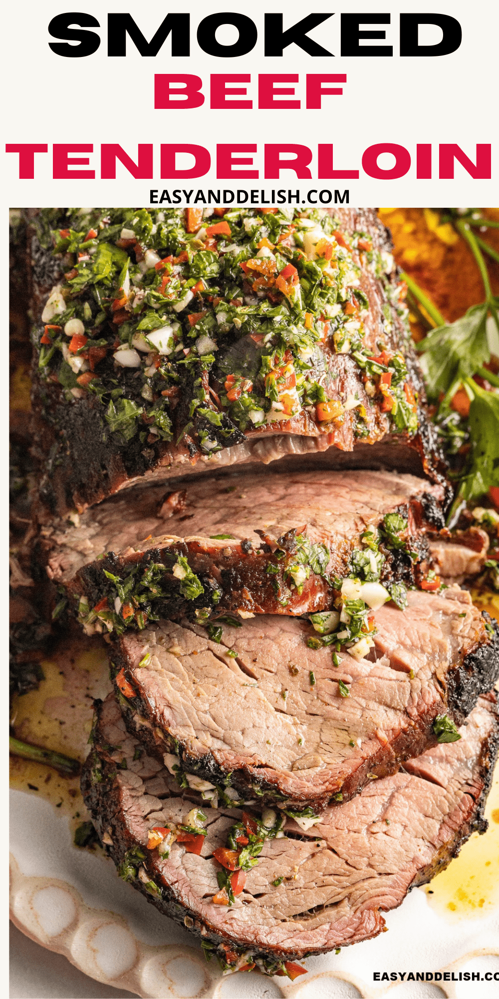 close up sliced reverse sear smoked beef tenderloin roast.