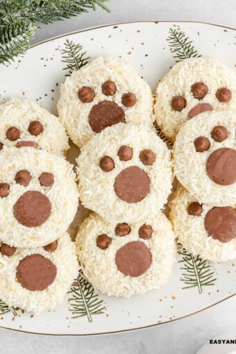 white cake mix cookies in a holiday tray.