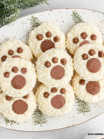 white cake mix cookies in a holiday tray.
