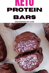 a closeup pin image of whole and cut no-bake keto protein bars.