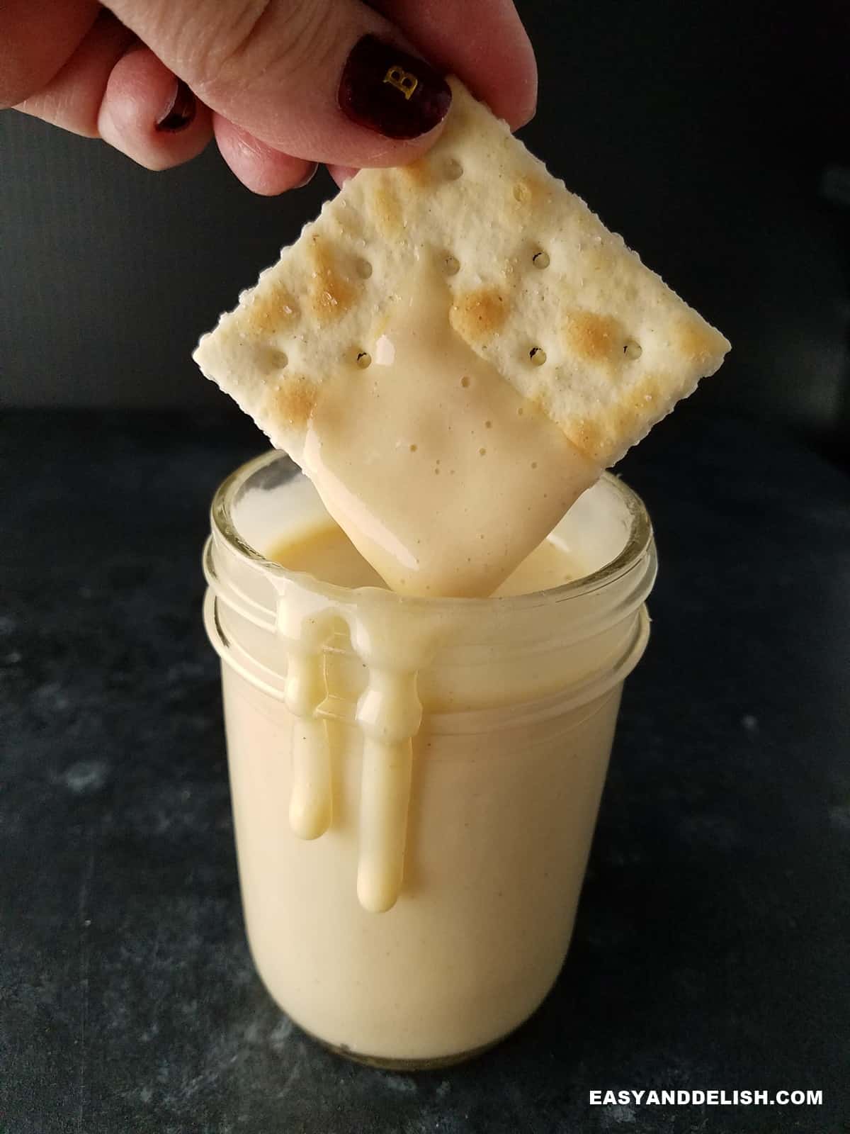 a cracker dipped into a mason jar of sugar-free condensed milk