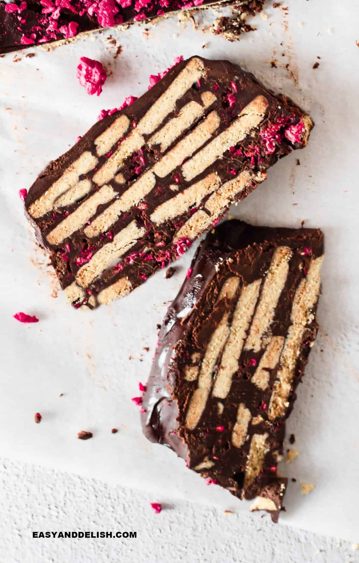 close up of two slices of biscuit cake.