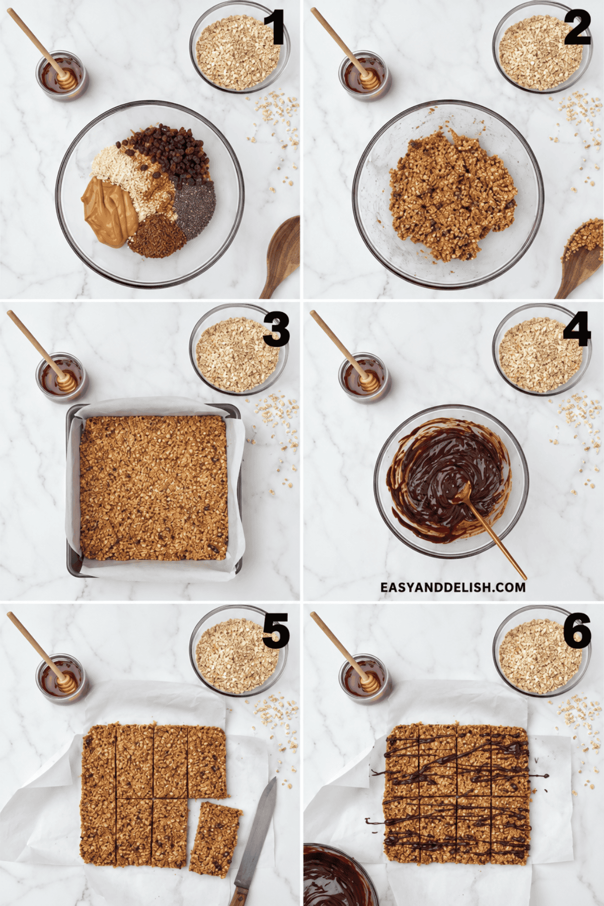 Oat bar mixture mixed, pressed, cut, and finished with chocolate.