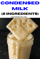 a cracker dipped in keto condensed milk and held over a jar.